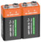 FLSTOR 9V Akku, 3800mWh 9 Volts Li-Ion Wiederaufladbare Blockbatterie für Spielzeug, Kameras, Sicherheitsgeräte, Musikinstrumente, Industrieelektronik, Haushaltsgeräte und mehr, mit‌ Kabel, 2 Stück
