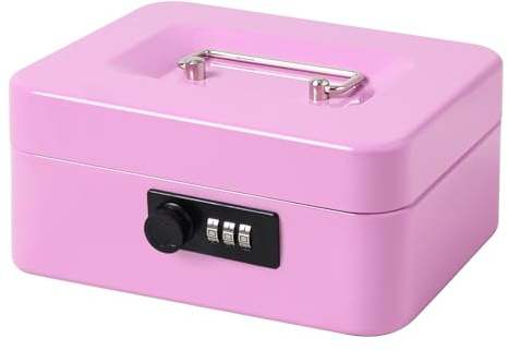 Jssmst Medium Cash Box with Combination Lock - Durable Metal Cash Box with Money Tray Light Purple,7.87 x 6.3 x 3.35 inches