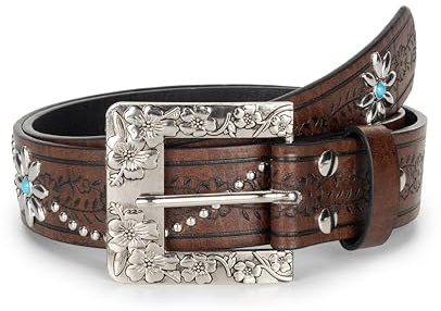JowTreex Cintura da Donna in Pelle Stile Cowgirl Vintage con Fibbia Floreale per Jeans e Pantaloni, Marrone, for 28-38 waist