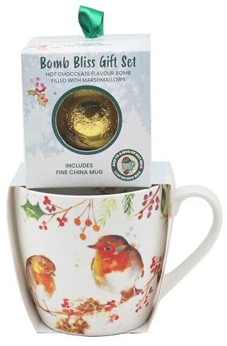 The Leonardo Collection Winter Robins Breakfast Mug with Chocolate Bomb Gift Set for Hot Drinks | Reusable Fine China Coffee Cups for Kitchen & Home | Durable Printed Tea Mugs for Every Occasion