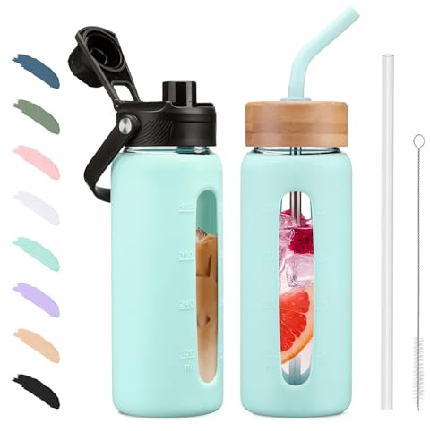 BLUEGO 600ml Glass Water Bottle with Straw and 2 Lids Glass Coffee Cup with Time Marker and Silicone Protector Glass Tumbler for Beverages Soda Cola BPA Free, Light Blue
