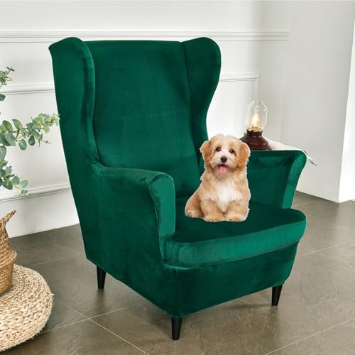 Funda de Sillón Orejero Universal 2 Unidades, Elástica Fundas Protectoras para Sillas de Oído, Fundas Sillas con Funda de Cojín con Respaldo de Alas(Green b,1 Set)