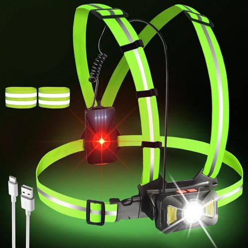 Luce da corsa con 2 riflettori, lampada da corsa a LED con 2 fasce riflettenti, 5 modalità di luce, torcia ricaricabile USB, torcia toracica, corsa a 65°, impermeabile, leggera per jogging