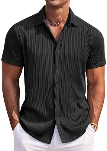 COOFANDY Herr kortärmad skjorta stretch casual button-down texturerade skjortor normal passform sommar strand topp semester