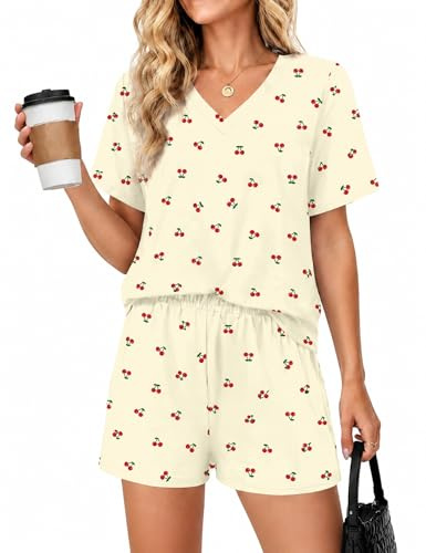 Rapbin Pyjama pour femme à manches courtes - Joli ensemble de pyjama à col en V - Ensemble de vêtements de détente pour femme - Short de pyjama deux pièces - Vêtements de nuit doux