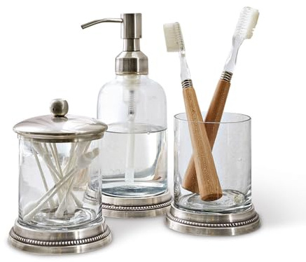 Loberon Bad-Set Drinapoly, Dose, Zahnbürstenhalter und Seifenspender, Feine Verzierung Klassisch Elegant, Badzubehör, Messing, Glas, klar/antiksilber