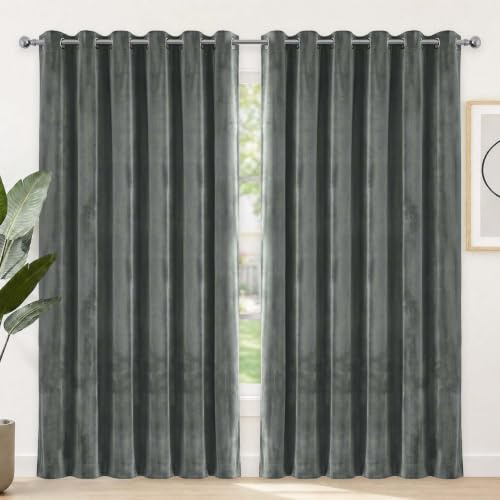 Yorkshire Bedding Grey Curtains for Living Room 90x90 inch drop Blackout Curtains Energy Saving Room Darkening Extra Long Velvet Curtains 2 Panels with Tiebacks