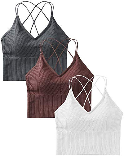 Reggiseno Sportivo Donna Sport Push Up Bustier Elasticità Spaghetti Reggiseno Top con Spallacci Imbottiti e Incrociati Bralette Lift Yoga Bra per Ginnastica Corsa Jogging (Grigio+bianco+caffè)