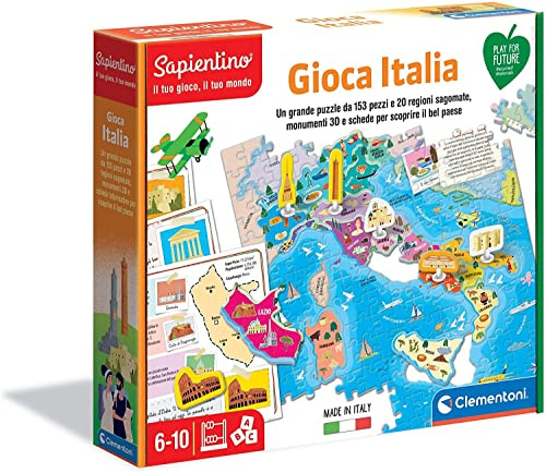 Clementoni Sapientino - Gioca Italia, Gioco Educativo Bambini 6-10 Anni, con Puzzle 153 Pezzi, 20 Regioni Sagomate, Monumenti 3D e Schede, Made in Italy, Linea Play for Future, Lingua Italiana, 16314