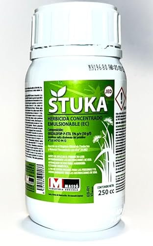 Herbicida para gramíneas o hierba de hoja estrecha post emergencia 250cc(para 100 litros de agua) Quizalofop-p-etil 5% Stuka.