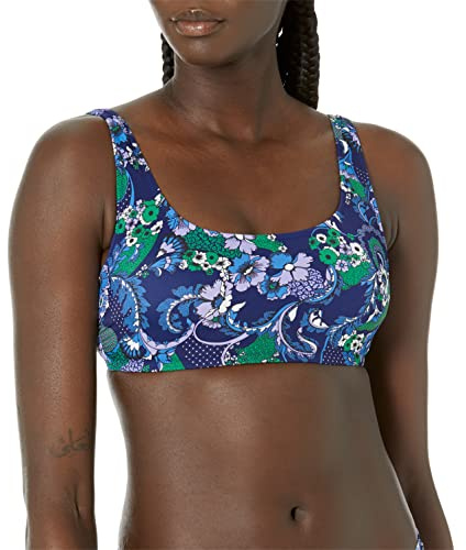 Amazon Essentials Maillot de Bain Crop Top à Col Rond Femme, Bleu Profond Motif Cachemire, 44