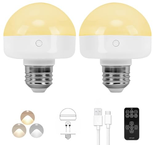 BLUEYE Rechargeable Light Bulbs,7W,350LM,40W Equivalent,Remote Control,E26 Detachable Charging,3 Color Temperatures,Battery Operated Puck Emergency Lamp,Timer,Dimmer,for Non-Hardwired,2Packs