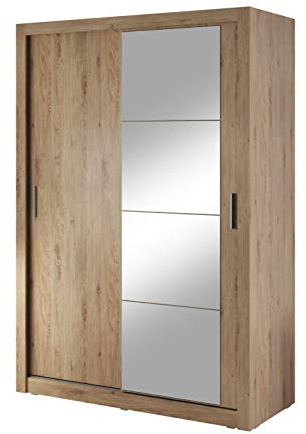 MINIO go for it - Armoire ERTA 4 Portes coulissantes, 150 cm, Armoire Deux Portes avec Miroir, Tringle à vêtements et étagère, Meuble de Chambre, Couleur : chêne Shetland