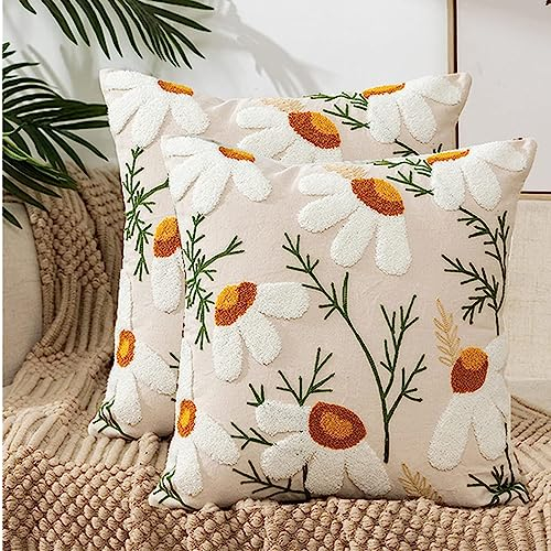 Jinkey Blumen Kissenbezug, 2er Kissenbezüge 45x45 cm Zierkissenbezüge Dekorationskissenbezüge Sommer Moderne Stickerei Quadratisch Kopfkissenbezug Weich Boho Kissen Kissenhülle für Sofa, Stuhl, Bett