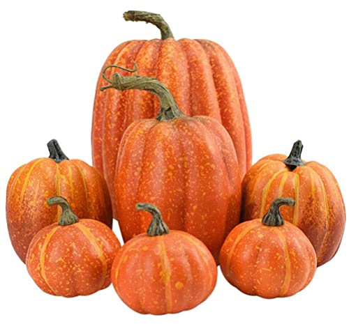 Ghzste Juego de 7 calabazas artificiales, calabazas de espuma falsa surtidas, modelo de calabazas de simulación, decoración de granja de otoño, decoración del hogar para otoño, Acción de Gracias,