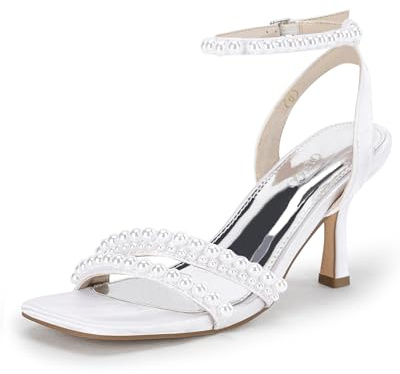 Coutgo Womens Pearl Kitten Heels Sandals Square Open Toe Dress Sandals Ankle Strap Satin Wedding Party Summer Sandals, White, size 6