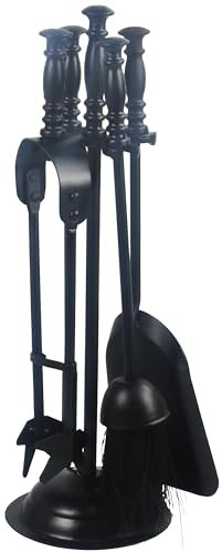 5pc Companion Set Black Traditional Fireplace Indoor Wood Burner Accessories Tools Metal Iron Poker Broom Shovel Tongs with Stand 16 Long