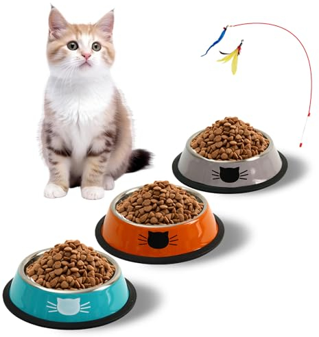 KatzenschüSsel 3er Set, Katzennäpfe, Katzennapf, Futternapf Edelstahl Katze, Katzen Napf, Fressnäpfe für Katzen Und Kleine Hundetiere (Orange + Silber + Blau)