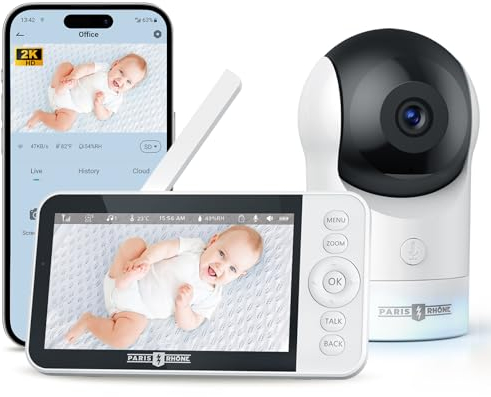 PARIS RHÔNE Babyphone mit Kamera und App, 2K HD 5 Zoll WLAN Babyfone, PTZ 355° AI-Tracking, RBG Nachtlicht, Schlaflieder, Schrei-/Bewegungserkennung, Temperatur und Feuchtigkeitsmessung