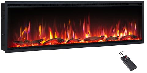 FlameKo Avena 153cm/60 Slim Frame Recessed Media Wall Inset Electric Fireplace with Multi Flame Colours, with Logs, Heater 750W & 1500W