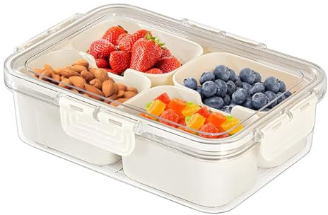 STORICANS Snackle Box Snack Tray with 4 Removable Compartments,Divided Serving Tray with Lid,Portable Food Storage Container Clear Organizer for Nuts, Fruit,Candy,Veggie, Candy,Spices