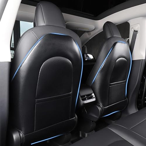 TOPABYTE Seat Back Kick Protector for Tesla Model Y S X 3 Highland Accessories Leather Backseat Mats for Kids Wear-Resistant Back Seat Cover with Extra Organizer Pocket 2 PCS -Carbon Fiber