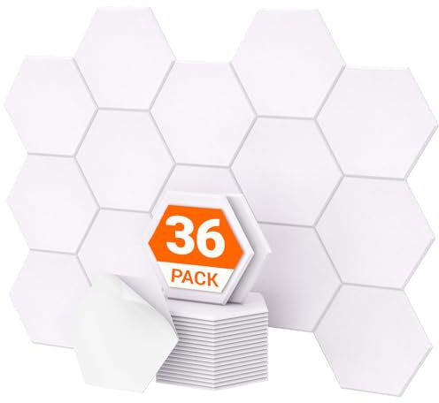Hexagon Akustikplatten selbstklebend 36 Stücke, TONOR Schallabsorber Schallschutz mit Hochdichte Wandfliesen Schall Dämmung 30x26x1 cm für Studio, Büro, Akustische Behandlung und Wanddekoration Weiß