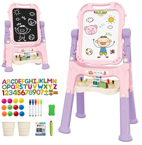 GalPat Baby Chevalet pour Enfants - Tableau Magnétique Double Face - Hauteur Réglable - Avec Craies, Marqueurs, Lettres et Chiffres Magnétiques - Idéal pour l'Apprentissage