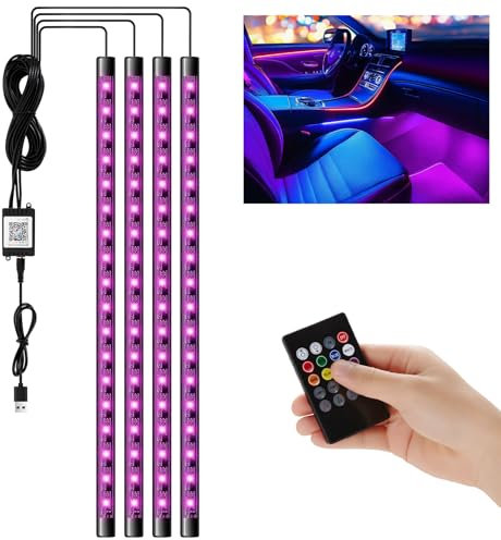 XEMQENER LED Interior Car Lights With Remote Control, 72 LEDs RGB Music Sound-Activated, USB Port Charger Footwell Lights, 8 Colors Atmosphere Strip Lighting