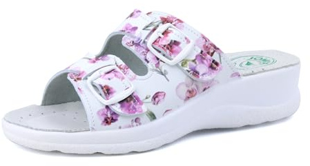 JOMIX Pantofole Donna Ortopediche Estive Ciabatte Fibbia Regolabile con Zeppa Punta Aperta Sandali Plantare Ergonomimco Morbido da Casa per Anziani e Signora ITD1474 Fiore Fucsia 40