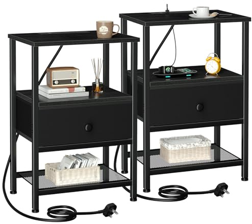 AMHANCIBLE Bedside Table Set of 2 with Charging Station, Nightstand with Fabric Drawer, Small Side Table with Open Storage Shelf, Bedside Cabinets for Living Room, Bedroom, Small Space Black HETS010BK