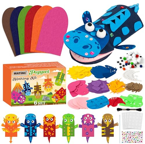 WATINC 6Pcs Hand Puppet Making Kit, Art Craft Felt Sock Puppet Toys, Creative DIY Make Your Own Pompoms Wiggle Googly Eyes Storytelling Role Play Party Supplies Gift for Girls Boys (Dinosaurs A)
