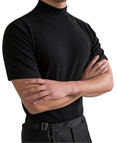 Mens T-Shirt, Short Sleeve Mock Neck Compression Tank Top for Men, Solid Slim Fit Breathable Running Pullover Vest, Breathable Athletic Workout Muscle Undershirt for Casual Party Festival Business