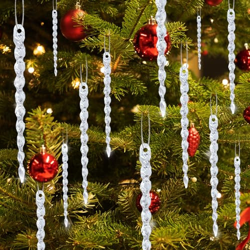 48PCS Christmas Icicle Ornaments,Acrylic Crystal Hanging Ornament,Xmas Tree Icicle Drop for Home Decor,Wedding Party,Winter Decoration Supplies,7.87In/5.9In/5.11In/3.93In