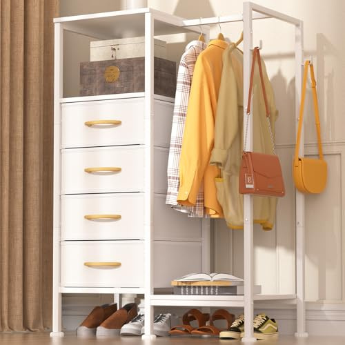 VERONLY Dresser for Bedroom with Clothes Hanging Rack, Reversible Bedroom Dresser with 4 Fabric Drawers, 2-in-1 Storage Chest of Drawers with Storage Shelves & Hooks, Sturdy Frame, 44''H (White)