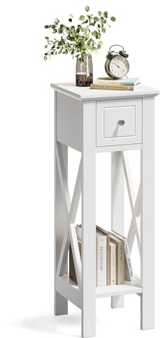 Warmiehomy Slim Side Table Narrow End Table with Drawer and Storage Shelf Nightstand Snack Books Bedside Table Small Tables for Small Table Bedroom Office Entryway Living Room(25x25x70cm/White)