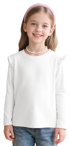 JinBei T-Shirt Manches Longues Fille Coton Col Rond Tee Sports, 4-11 Ans | Shirts avec Volanté Manche, Confortable Tops, Couleurs Unies Chemise Enfants, Doux Haut Vetement, pour École, Loisirs