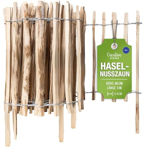 Creative Home trästaket 50cm högt och 3m långt | hasselnötsstaket | rullstaket | lamellavstånd 3-5 cm | trädgårdsstaket Perfekt som gräsmatta kantning blomsterbädd kantning gjord av hasselnöt