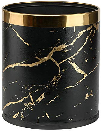 QLHIBLY Metal Waste Bin with PU Leather Covered,10 Liters Double Layer Trash Bin for Bedroom Bathroom Living room Kitchen Office (Black Gold Marble)
