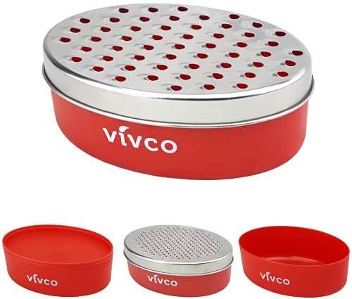 Vivco Cheese Grater with Container and Lid, Coarse and Fine 2 Size Lid, Stainless Steel Dishwasher Safe Cheese Shredder, Ginger Grater, Anti-Slip Kitchen Vegetable Chopper, Carrot Grater