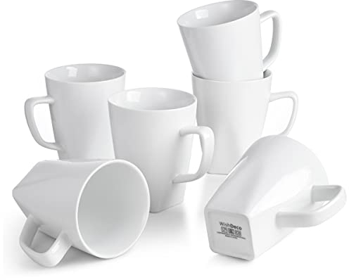 WishDeco Coffee Mugs Set of 6, White Mugs with Handle, 400 ml / 14 oz Porcelain Coffee Cups, Tea Cups, Large Mugs for Milk, Juice, Hot Chocolate, Latte, Square Bottom