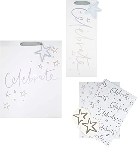 Hallmark Geschenktüte und Geschenkpapier-Set für Feiern, 1 große Geschenktüte, 1 Flaschentasche und 2 Papierbögen in 1 hellen Design