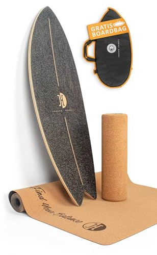 JUCKER HAWAII Balance Board Ocean Rocker - Planche d'équilibre en bois - Planche d'équilibre de surf pour enfants et adultes (Noir + Roleau + Tapis en liege)
