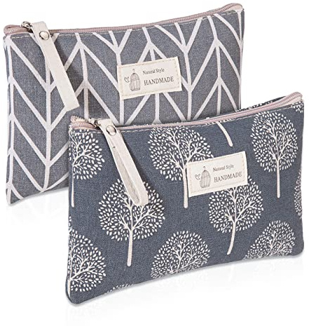 Canvas Cosmetic Bag, 2 PCS Portable Women Purses, Printed Makeup Bag Pouch Multifunctional Travel Toiletry Bag with Zipper for Cosmetics Keys Cards