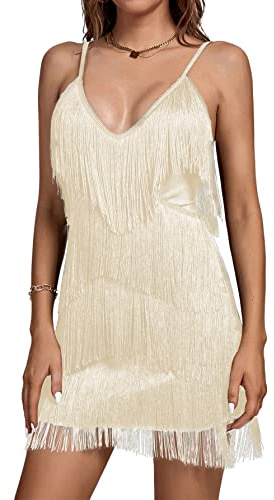 Umenlele Vestido Corto sin Mangas con Flecos y Cuello de Pico Profundo para Mujer, con borlas, Beige, M
