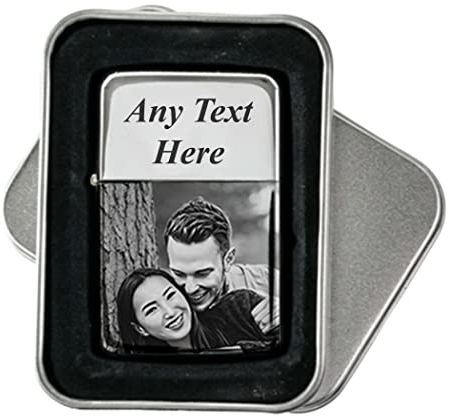 Mandore Designs Personalised Silver Photo & Name Engraved Lighter Gift Set (Front Sided only Photo & Text)