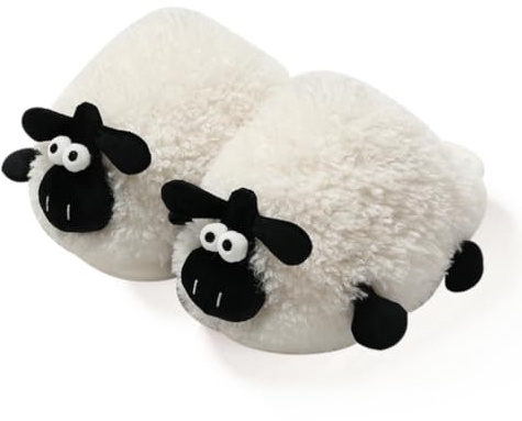 Zigihos Sheep Animal Fuzzy Fluffy Slippers for Women Men, Cartoon Memory Foam Plush Cozy Warm House Platform Slippers (8.5-9)