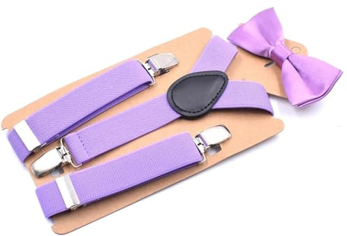 MIBSH Tirantes Suspender Niños Moda Tirantes Pajarita para Niño Niñas Ajustable Elástico Esmoquin Pantalones Tirantes Y Back 3 Clips Púrpura