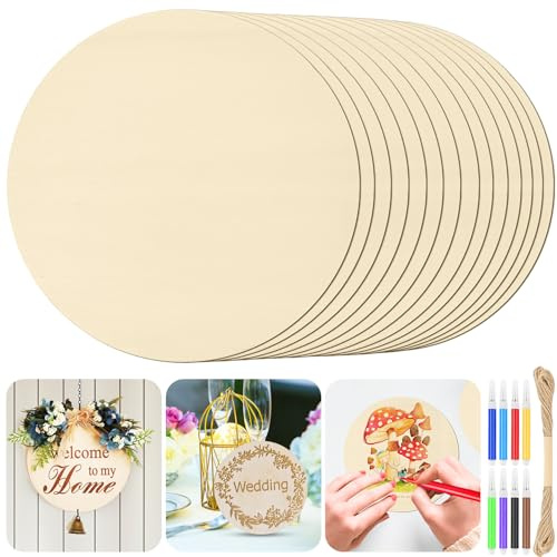 HavaCue 12 Piezas 15cm Tablero Madera, Thin Tabla Madera Manualidades Rodajas de Madera Grandes Redondo, Sin Acabado Discos de Maderas para Suministros de Manualidades, Pirografía, Pintura