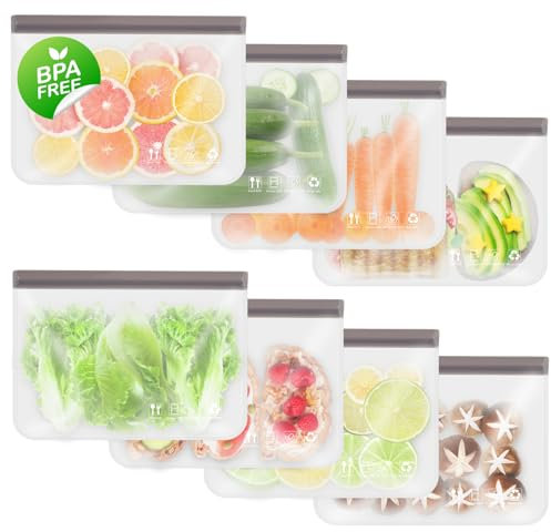 Reusable Freezer Bags, Extra-thick Leakproof Gallon Vegetable Snack Sandwich Bag, BPA Free Silicone Bags for Food Storage,Travel, Home Organization(8 Pack - 8 Large)